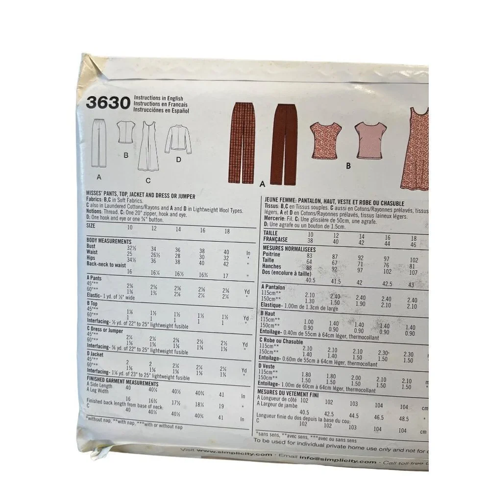 Simplicity‎ Sewing Pattern 3630 Dress Jumper Pants Jacket Top Misses Size 10-18
